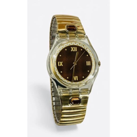 Swatch Watch Rêve D'automne GK257 1997 Standard Gents Gold Tone Flexible Band - Picture 2 of 8